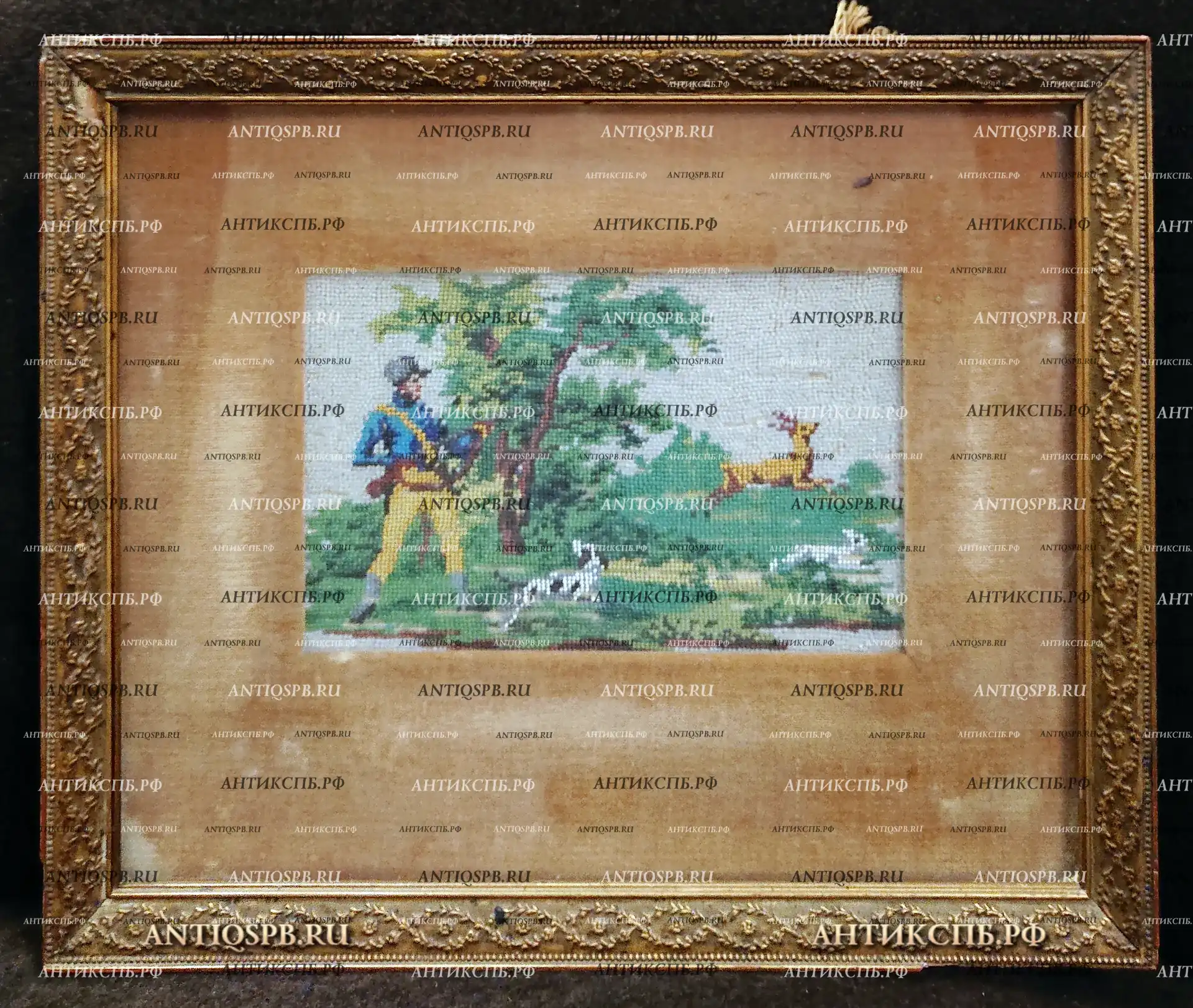 Картина старинная "Охота". Бисер. Европа. ХIХ век. №21887